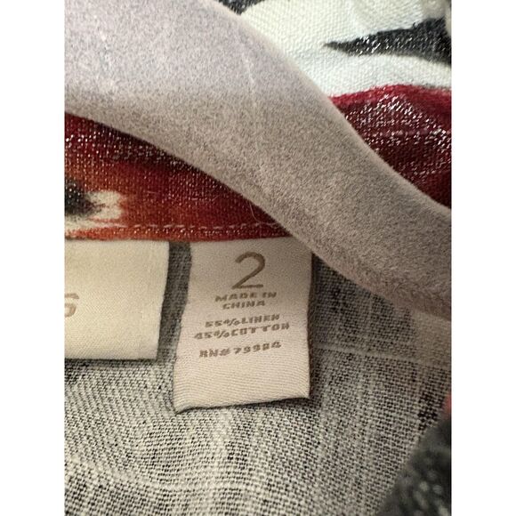 Chicos Jacket Womens Size 2 Large Red Black White Linen Blend Ikat Print Open Fr - Picture 5 of 6